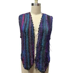 Hand Knit Teal Purple Metallic Sweater Vest Boho Artsy Fairy Art to Wear OOAK